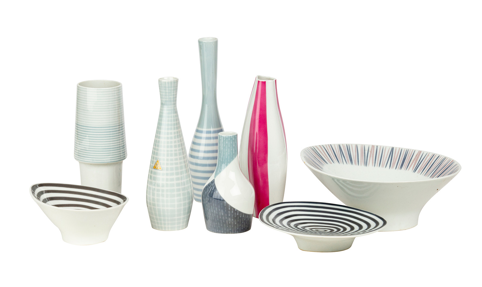 Marek Jindřich (*1931),
Ježek Jaroslav (1923–2002),
Royal Dux, porcelánka - Vázy a misky Brusel – 8 ks