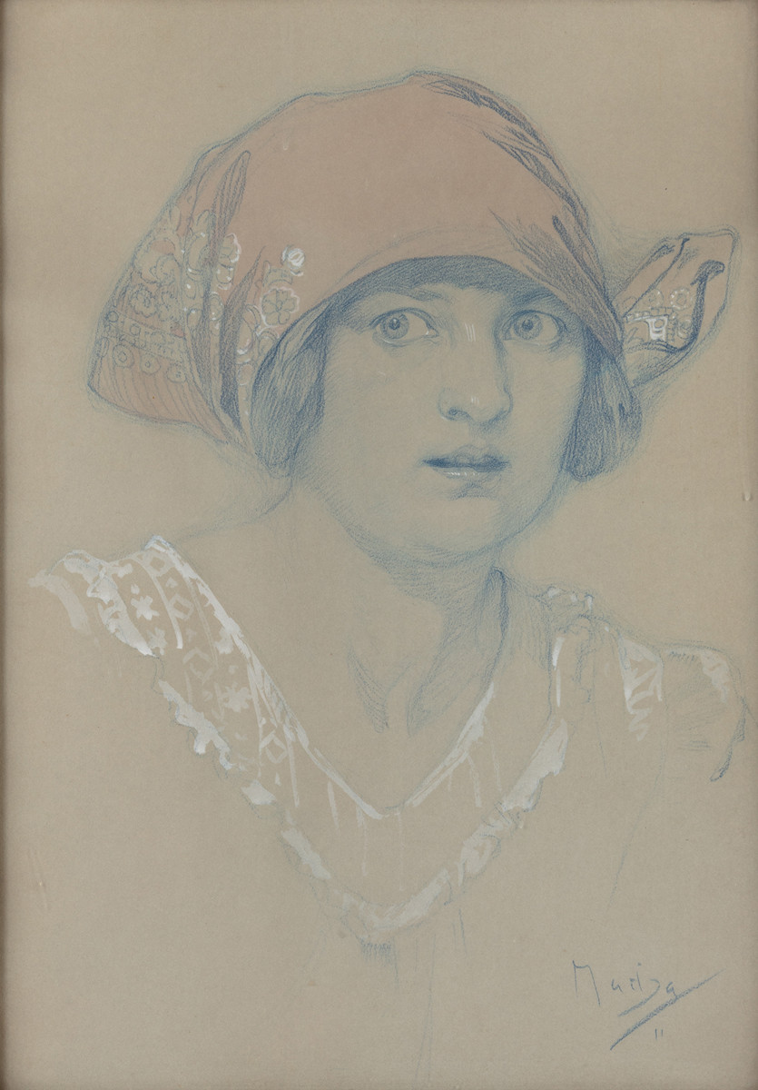 Alfons Mucha (1860 - 1939) - Hlava mladé ženy v šátku, 1911