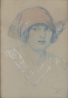 Alfons Mucha (1860 - 1939) - Hlava mladé ženy v šátku, 1911