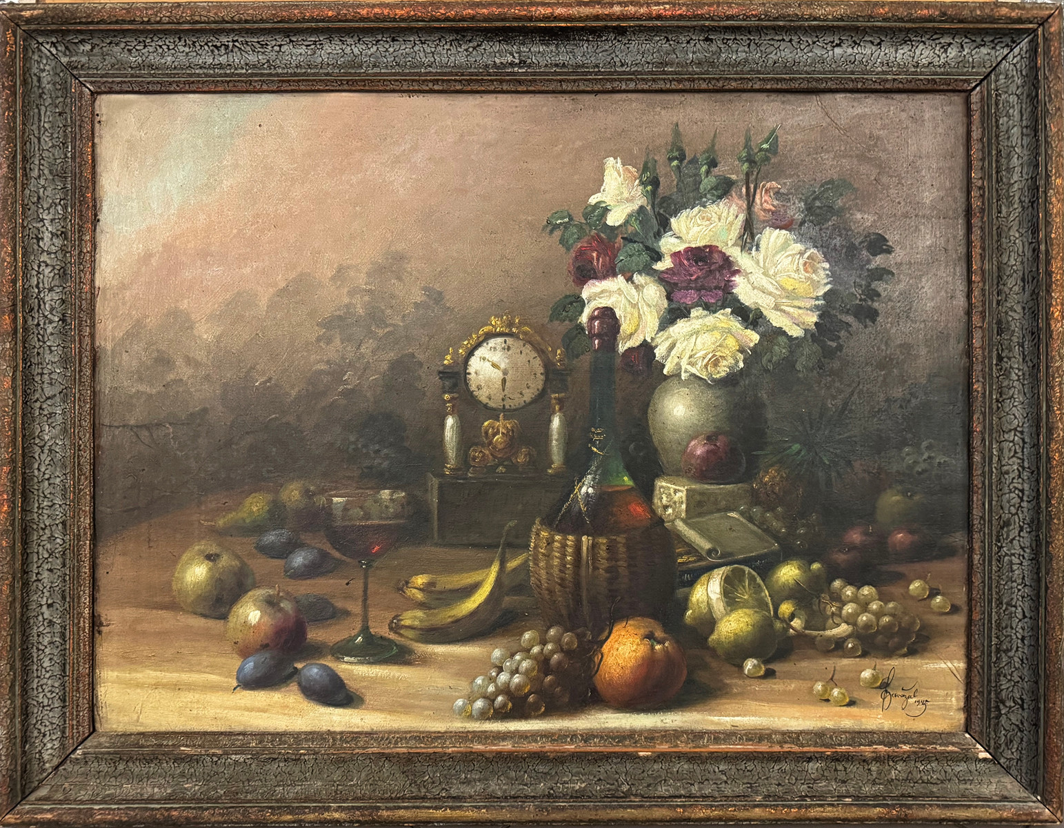 František Zavazal (1878) - Zátiší s ovocem, květinami a 
hodinami