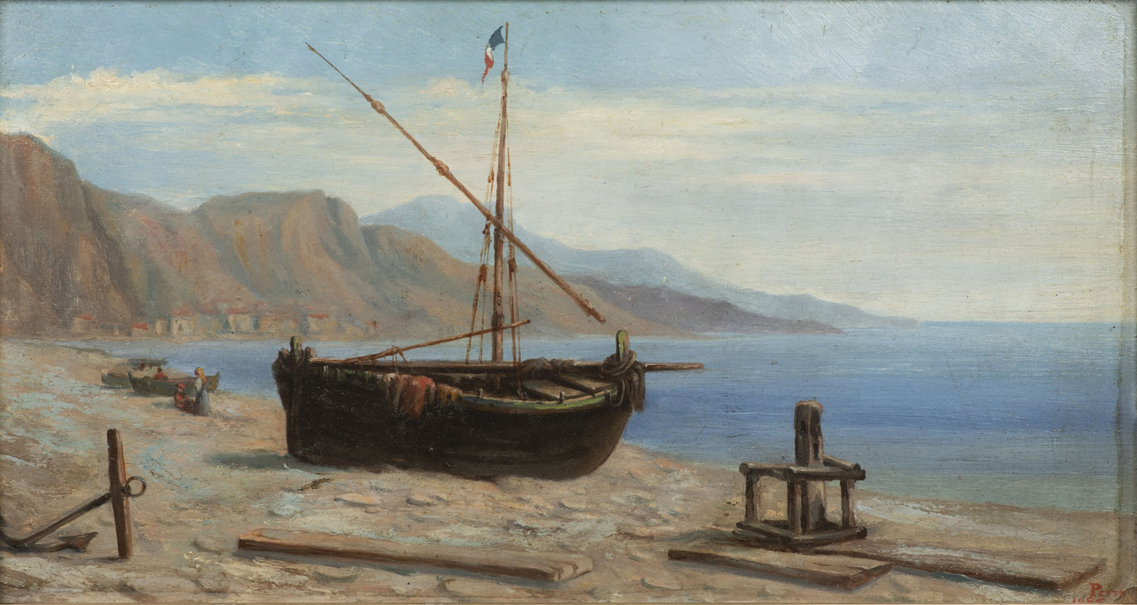 ADOLPHE PERROT (1818 - 1887) - PLÁŽ S LOĎKOU