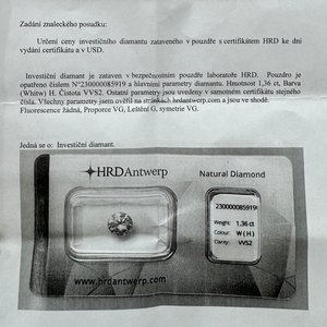 Investiční přírodní briliant 1,36ct , VVS2 , W(H)