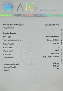 Platinový prsten s investičním diamantem, 1,51 ct, VVS2, G