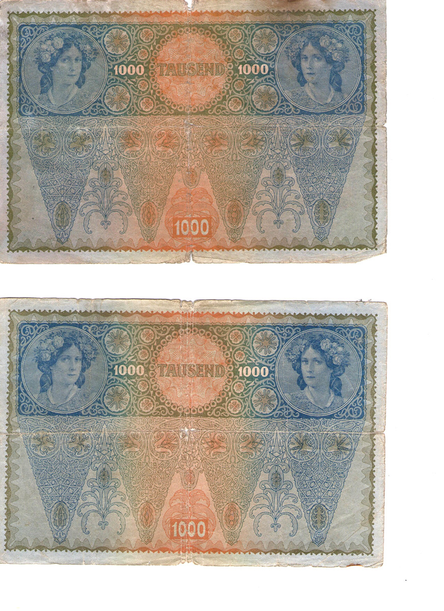 1000 Korun – Rakousko-Uhersko 1902: Bankovka z období monarchie s přetiskem Deutschösterreich 2ks
