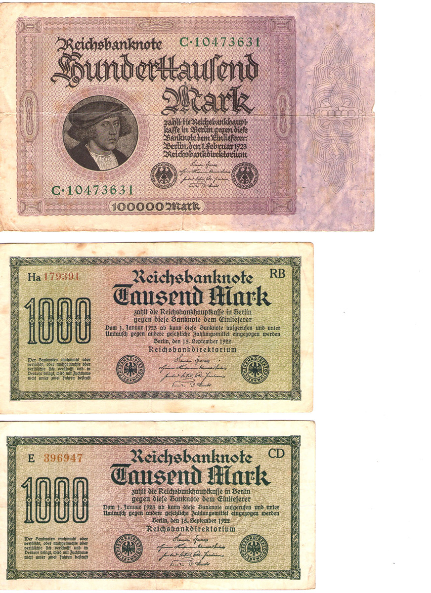 100 000 a 1 000 Marek – Německo 1922–1923: Bankovky z období hyperinflace 3ks