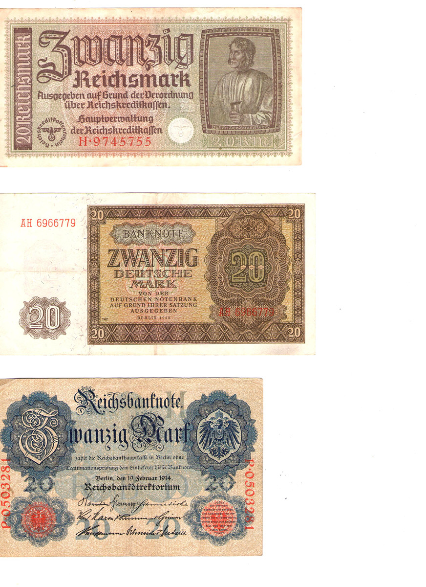 Německé bankovky 20 marek: Od císařství po poválečnou měnovou reformu 3ks