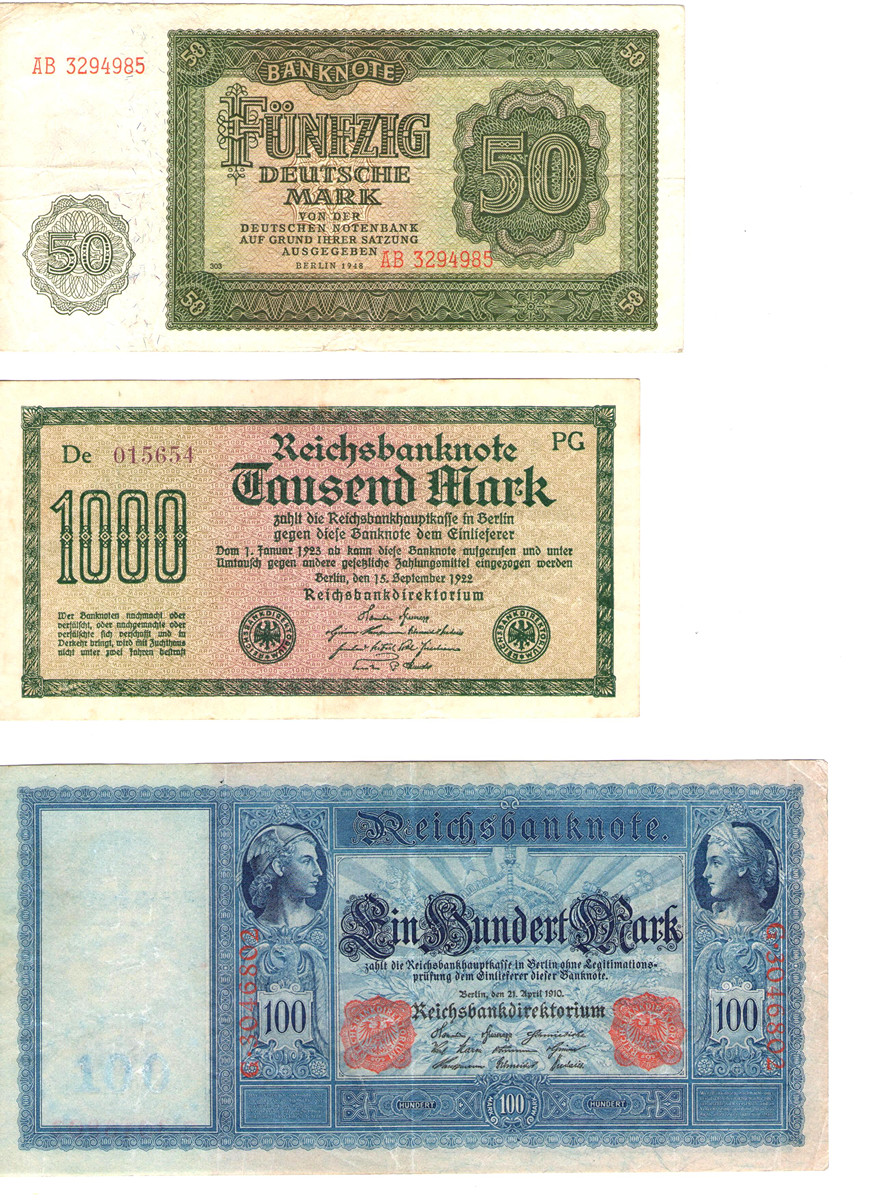 Historické německé bankovky: 50, 100 a 1000 marek 3ks