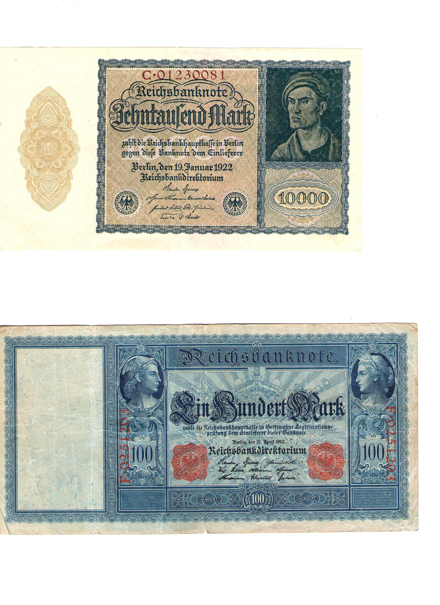 10 000 Marek a 100 Marek – Německo (1922, 1908) – Bankovky (2 ks)