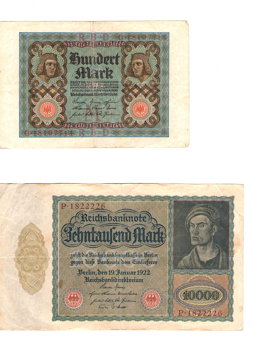 Historické bankovky Německo – 100 marek a 10 000 marek (2 ks)