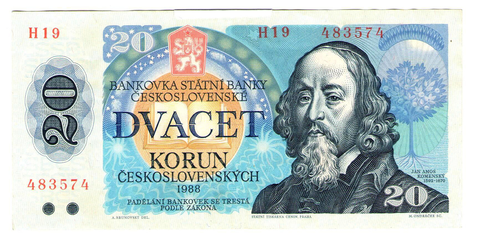 20 Korun Československých – 1988: Bankovka s Janem Amosem Komenským