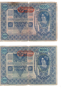1000 Korun – Rakousko-Uhersko 1902: Bankovka z období monarchie s přetiskem Deutschösterreich 2ks