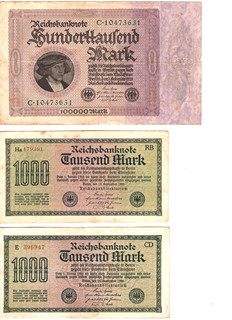 100 000 a 1 000 Marek – Německo 1922–1923: Bankovky z období hyperinflace 3ks