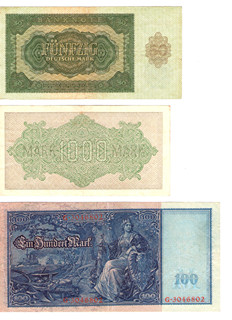 Historické německé bankovky: 50, 100 a 1000 marek 3ks