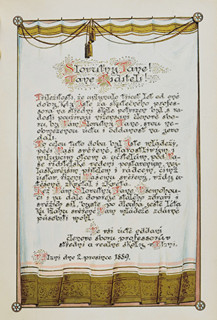 Pamětní list řediteli Střední a reálné školy v Plzni, 1889.