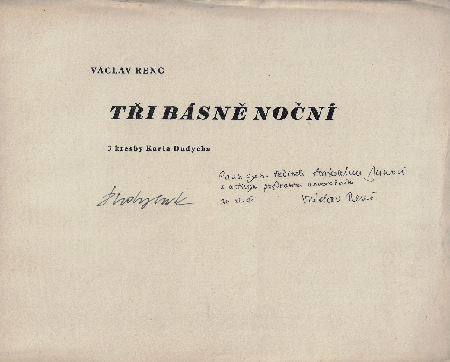 Václav Renč (1911 - 1973) - Tři básně noční / Václav Renč ; 3 kresby Karel Dudych