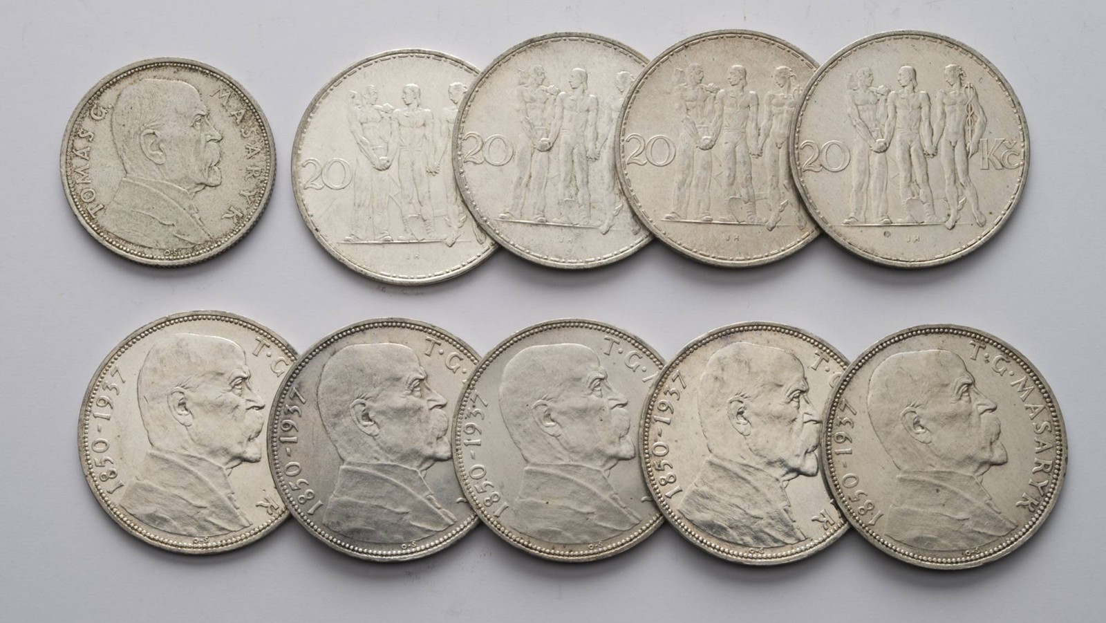 SOUBOR STŘÍBRNÝCH 20 A 10KORUN - 10 KS