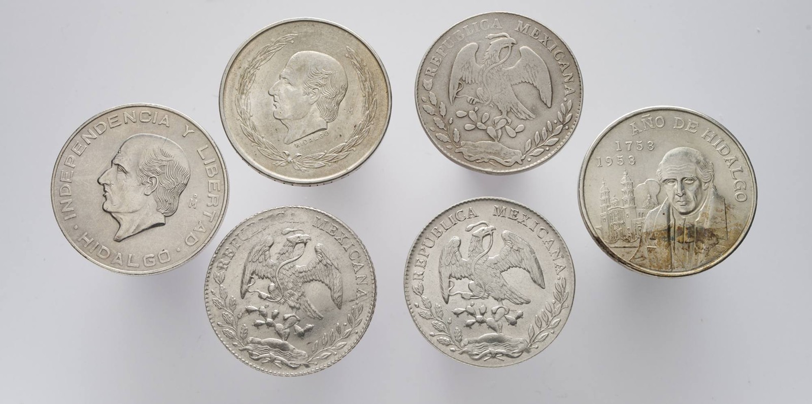 6 STŘÍBRNÝCH MINCÍ: 8 REALŮ, 5 PESOS, 10 PESOS