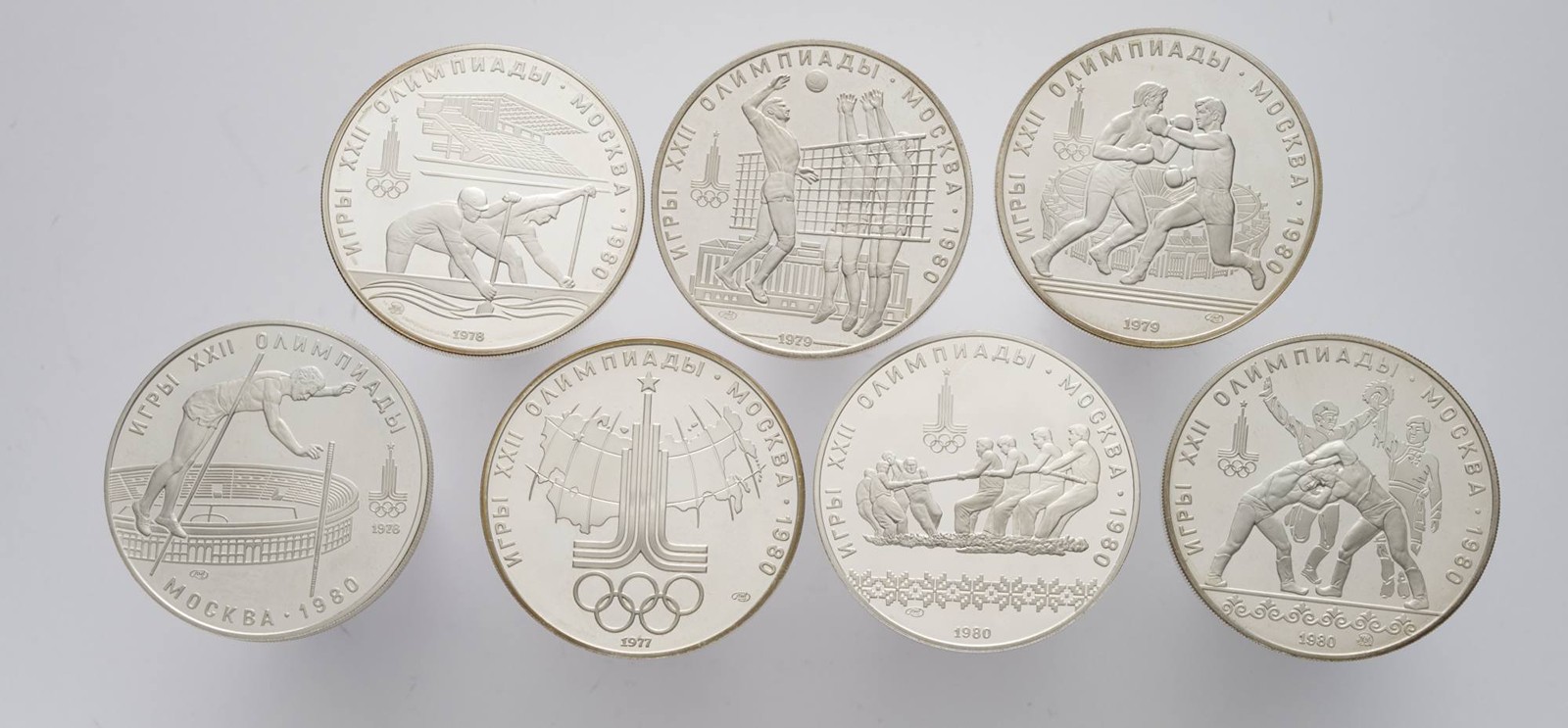7 STŘÍBRNÝCH PAMĚTNÍCH MINCÍ 10 RUBLŮ - LETNÍ OLYMPIJSKÉ HRY MOSKVA 1980