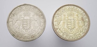DVOJICE STŘÍBRNÝCH OBĚŽNÝCH MINCÍ: 2 PENGŐ - MIKLÓS HORTHY