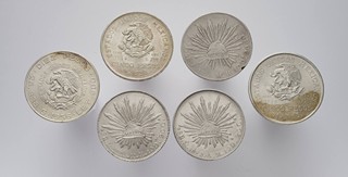 6 STŘÍBRNÝCH MINCÍ: 8 REALŮ, 5 PESOS, 10 PESOS