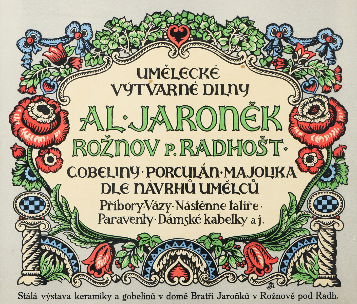Alois Jaroněk (1870 - 1944) - Plakát k Stálé výstavě keramiky a gobelínu v domě Bratří Jaroňků v Rožnově pod Radhoštěm