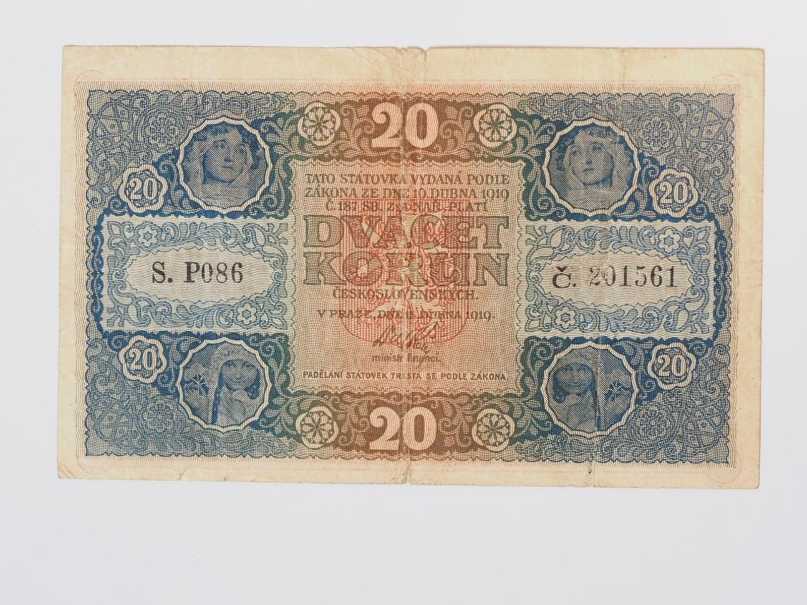 Bankovka 20 Kč - 1. emise ČSR 1919, série P086 ne perforovaná