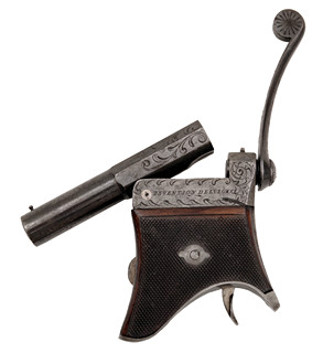 Jenoranná pistole na kolíčkové náboje systém Delvigne, Fallise and Trapmann (deringer na kolíčkové náboje se spodním úderníkem)