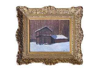 Hugo Baar (1873 - 1912) - Zimní krajina se stavením (olej na kartonu)