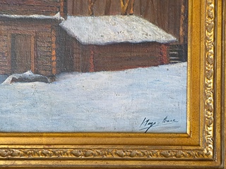 Hugo Baar (1873 - 1912) - Zimní krajina se stavením (olej na kartonu)