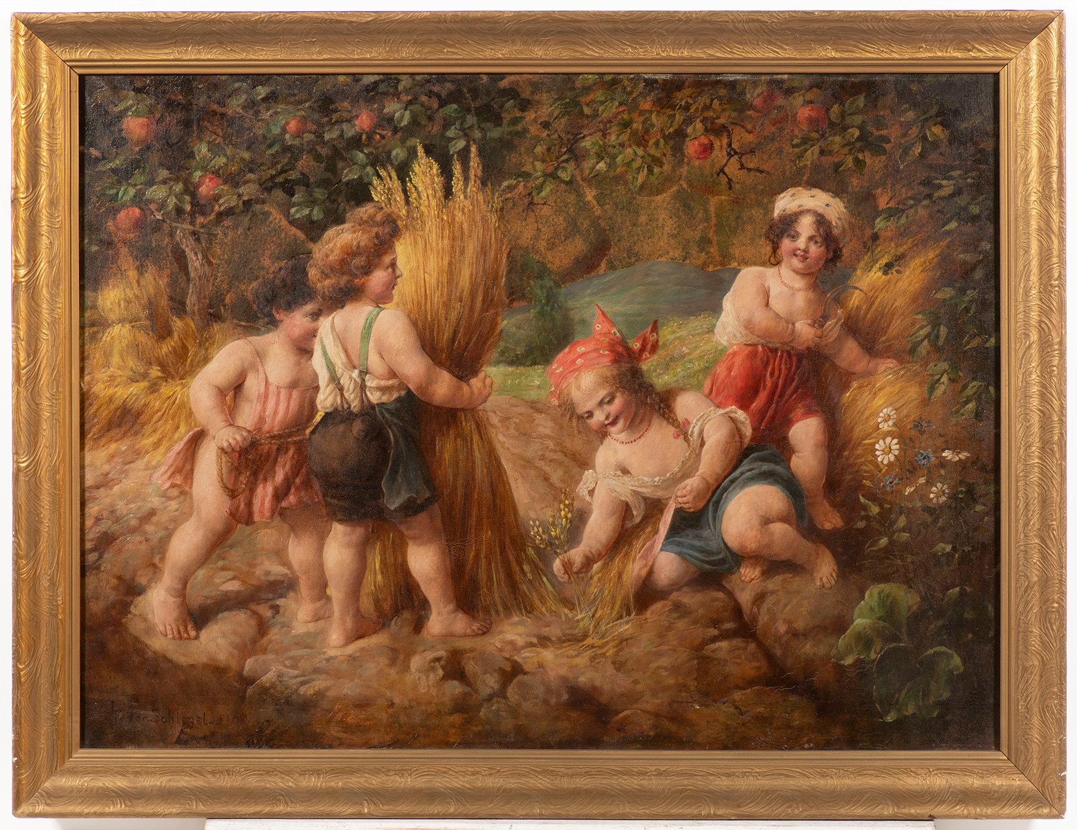 Friedrich SCHLEGEL ( 1865-1935 ) - Children in the fields cutting grain. 