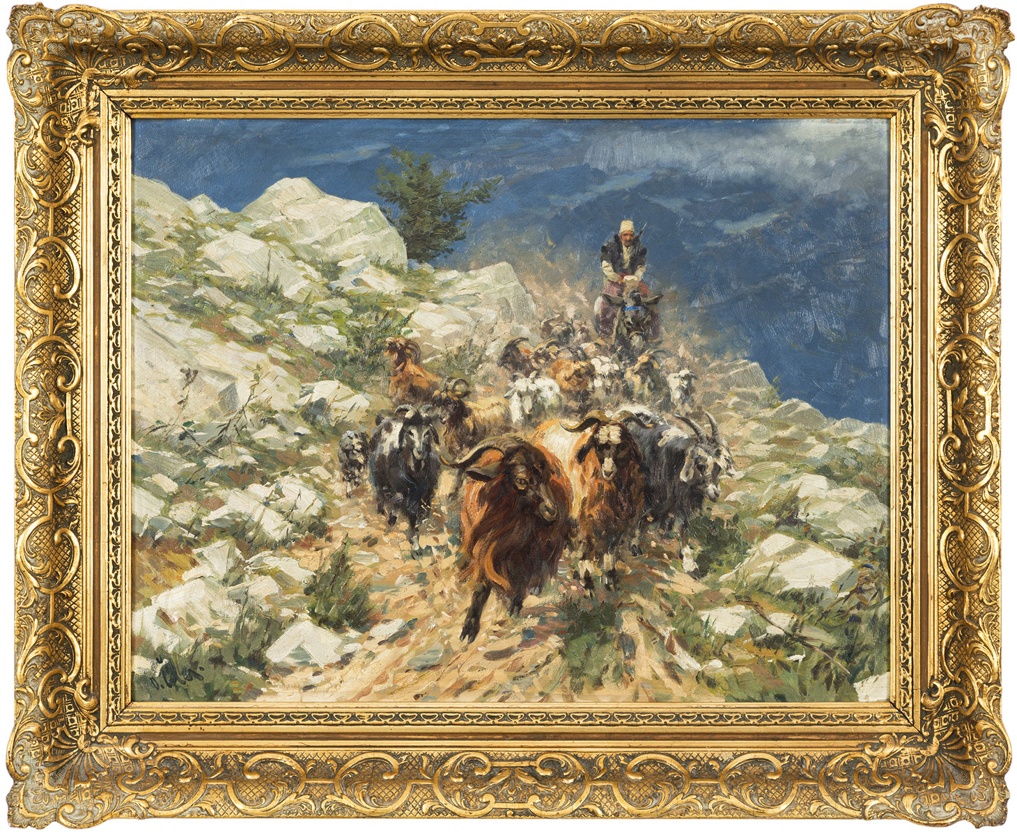 Balkan shepherd with a herd of goats