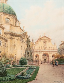 Richard Moser (1874 - 1924) - Pohled na Kostel Nejsvětejšího Salvátora a Kostel svatého Františka z Assisi v Praze