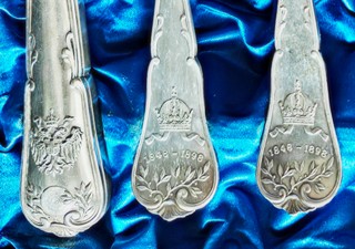 Luxusní sada stříbrných příborů,V. spolkové střelby Vídeň, k 50. letům vlády Franz Josef I.