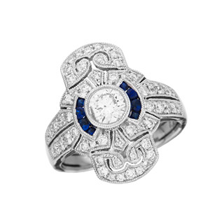 Prsten z bílého zlata ve stylu art deco s přírodními diamanty a safíry