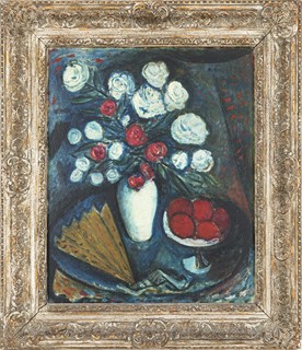 Still life with a bouquet of roses, a fan and fruit