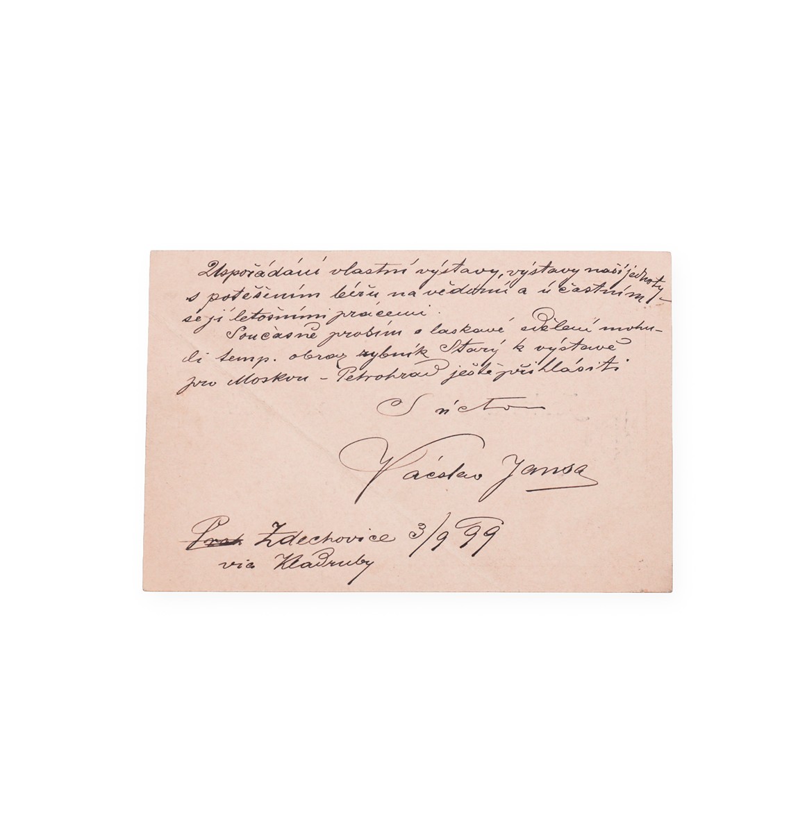 Václav Jansa (1859 - 1913) - Podpis na korespondenčním lístku
