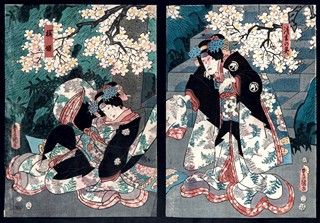Utagawa Kunisada (1786 - 1865) - Souboj pod sakurou. Diptych
