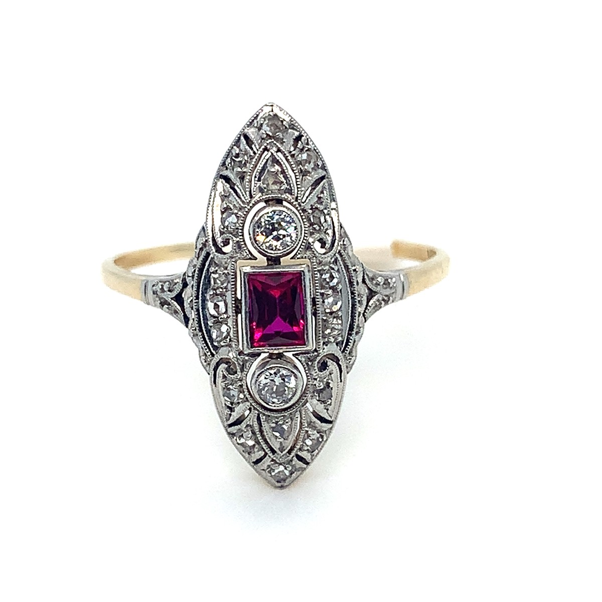 Prsten s diamanty a rubínem | Art deco | Československo 1930 | znalecký posudek