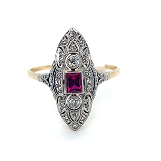 Prsten s diamanty a rubínem | Art deco | Československo 1930 | znalecký posudek