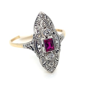 Prsten s diamanty a rubínem | Art deco | Československo 1930 | znalecký posudek