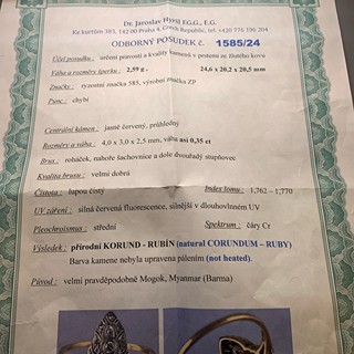 Prsten s diamanty a rubínem | Art deco | Československo 1930 | znalecký posudek