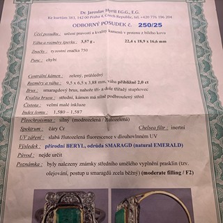 Prsten s diamanty a smaragdem | Art deco | Československo 1930 | znalecký posudek