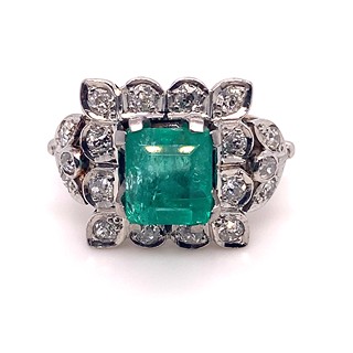 Prsten s diamanty a smaragdem | Art deco | Československo 1930 | platina | znalecký posudek