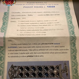 Přívěs s diamanty a safíry | Art deco | Československo 1930 | platina | znalecký posudek