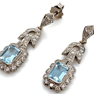 Náušnice s diamanty a akvamaríny | Art deco | Německo 1930 | znalecký posudek