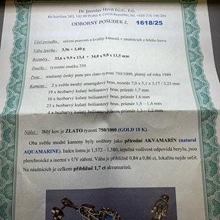 Náušnice s diamanty a akvamaríny | Art deco | Německo 1930 | znalecký posudek