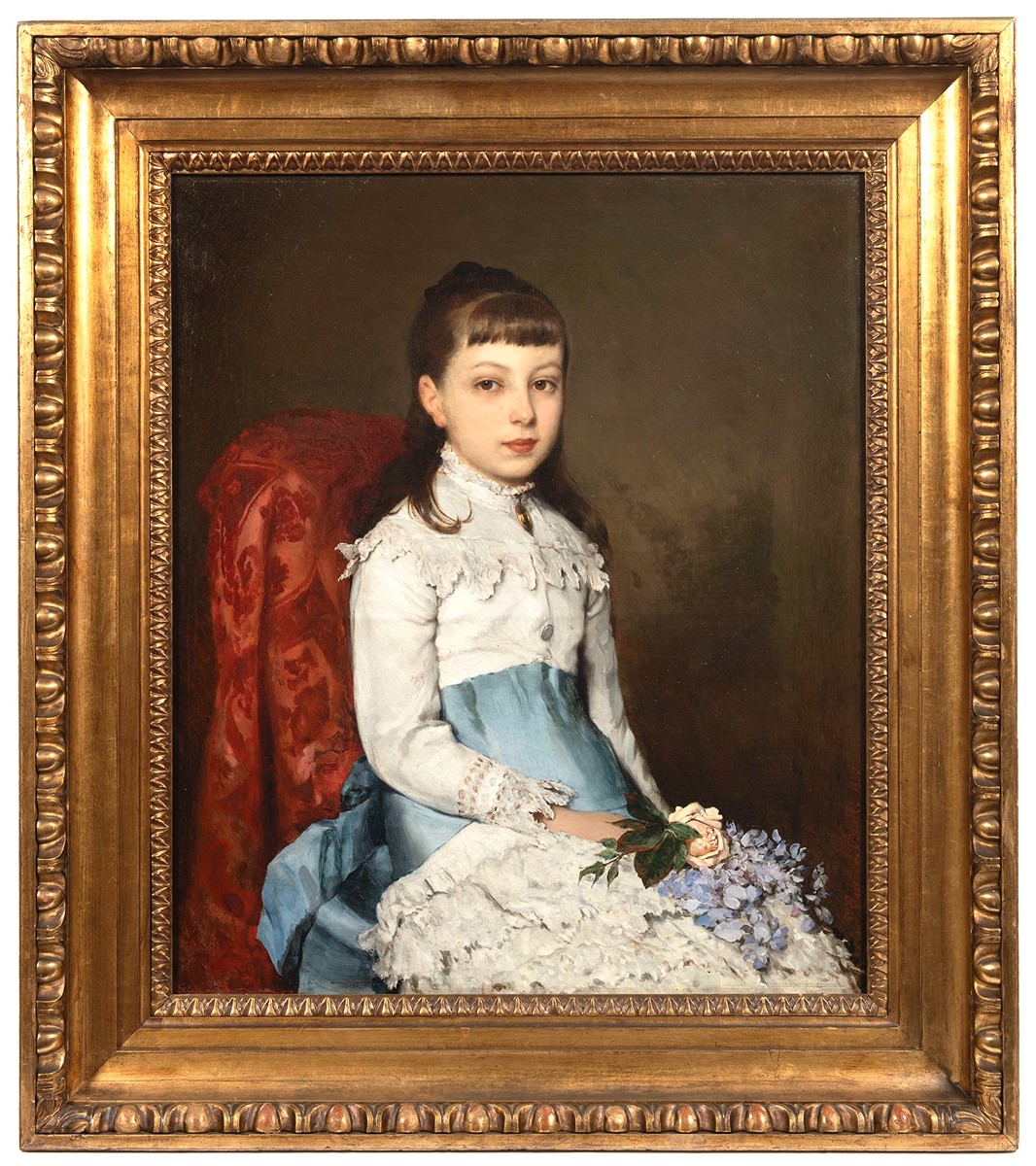 Eugenio de Blass (1843 - 1931) - Portrait of a Young Girl with a Bouquet of Flowers