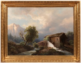 Josef Thoma ( 1828-1899) - Alpine Landscape with a Mill
