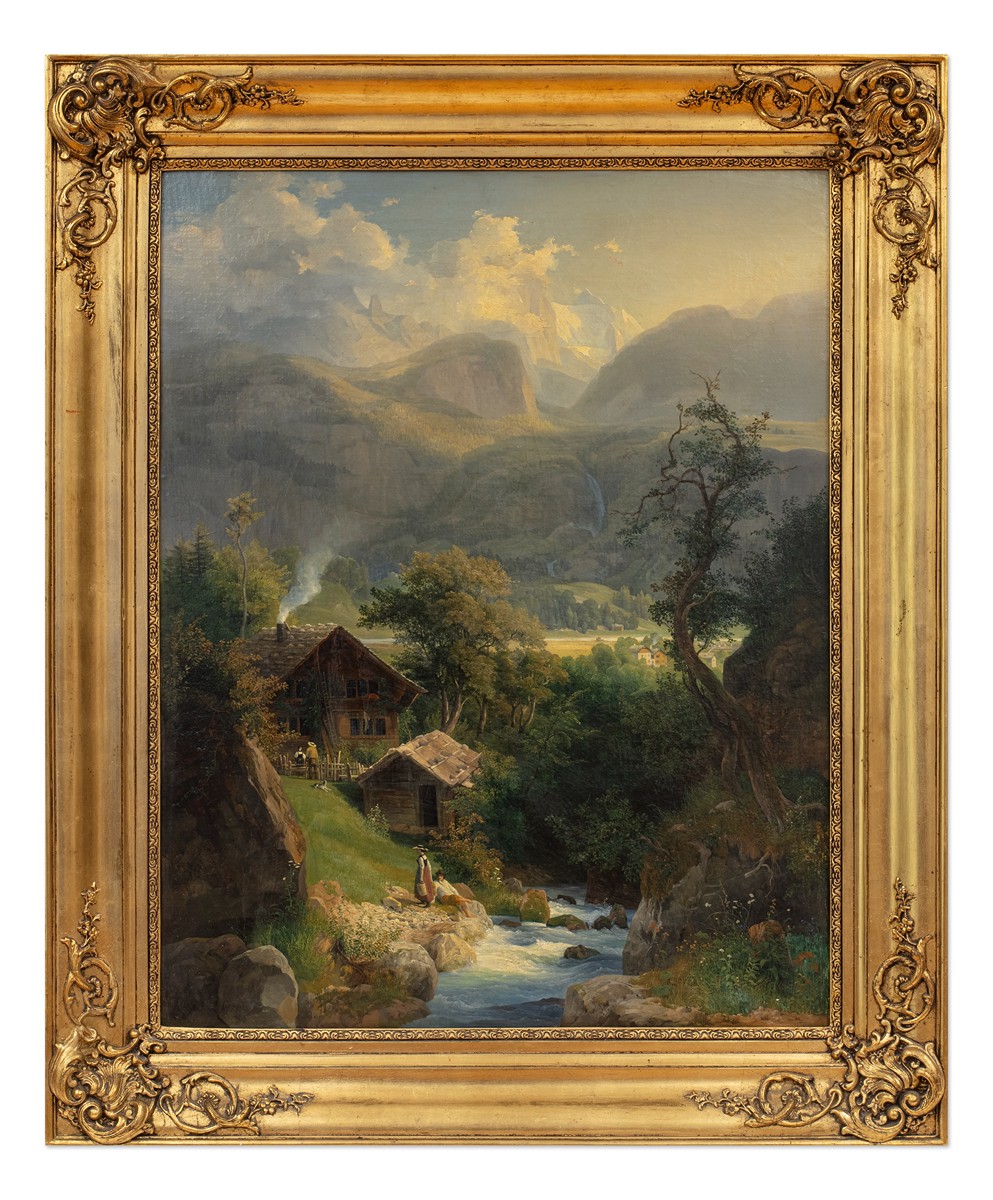 Emanuel von Stöckler (1819 - 1893) - Alpská krajina se stavením a potokem