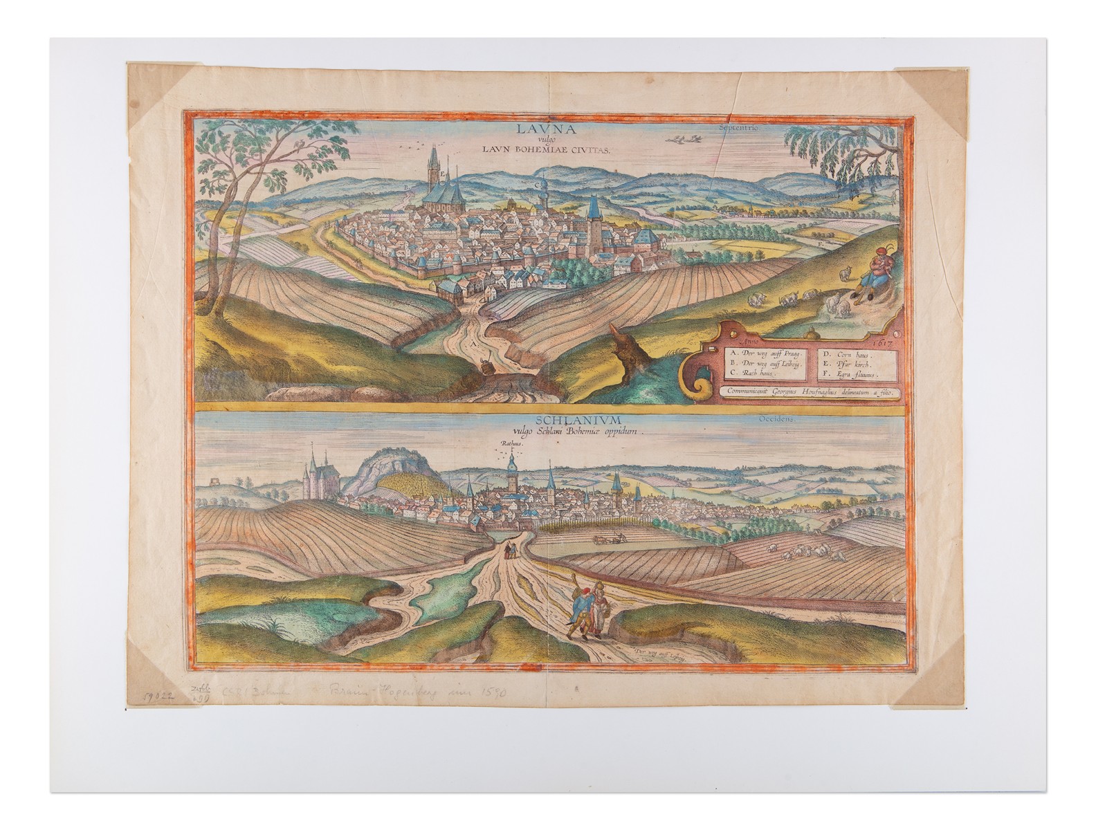 Franz Hogenberg (1535 - 1590) - Louny a Slaný (Launa vulgo Laun Bohemiae civitas – Schlanium vulgo Schlani Bohemiae oppidum)